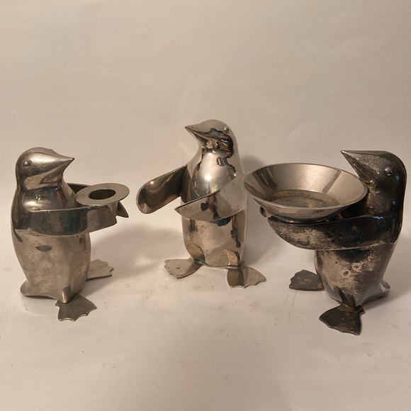 3 Restoration Hardware Heavy Silverplated PENGUIN Candleholders 5.5